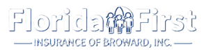 "Logo for Florida First Insurance of Broward, Inc. features the company name in bold white text and an icon of people under an umbrella, symbolizing protection."