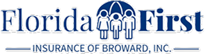Logo for Florida First Insurance of Broward, Inc., featuring blue text with stylized family figures and an umbrella, conveying protection and trust.